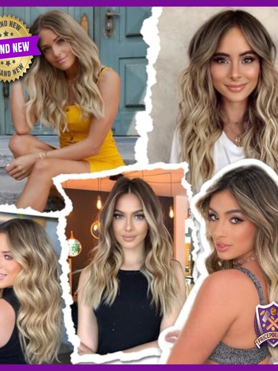 Long Wavy Human Hair Blend Wig, Heat Resistant, Dark Roots, Natural Look